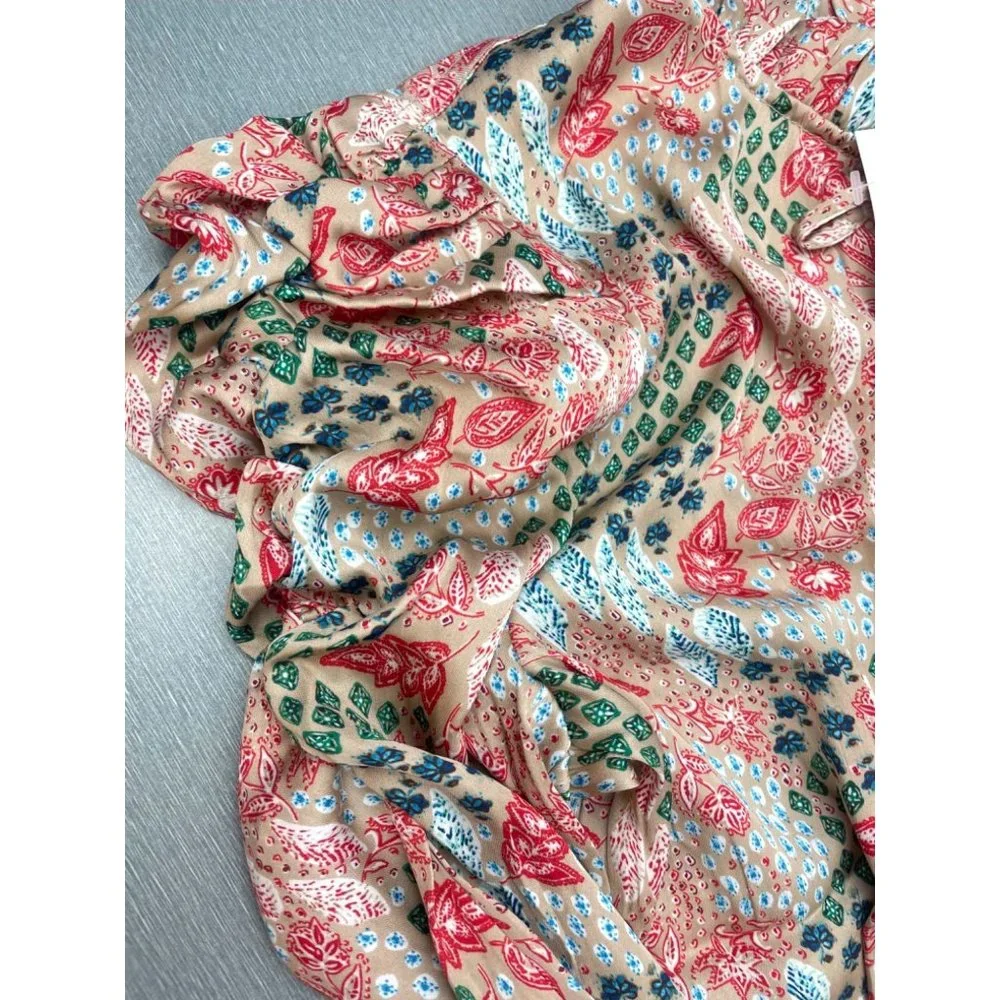 LOFT WOMEN Garden Cinched Sleeve Ruffle Tie Neck Mixed Media Top M